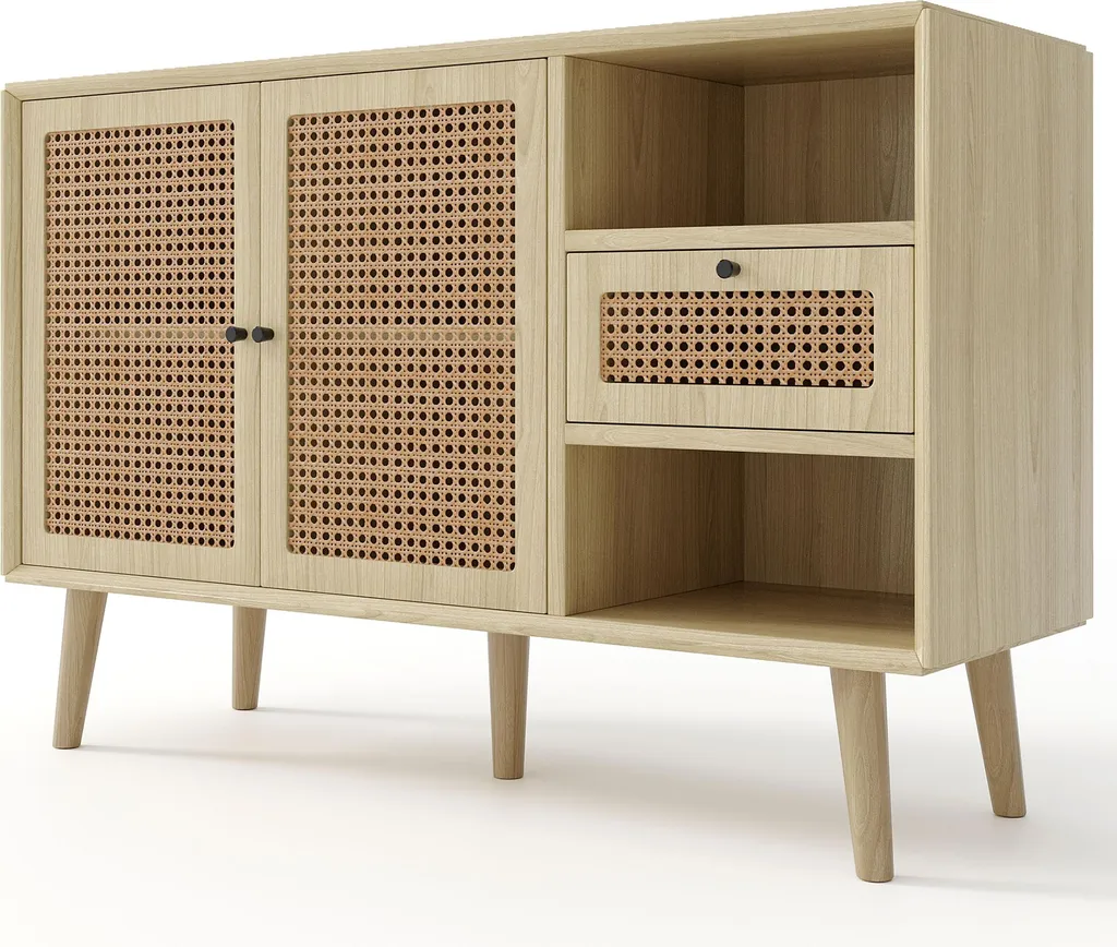 Commode de Salon avec Portes en Rotin, Buffet Bas 120cm Style Bohème - 10