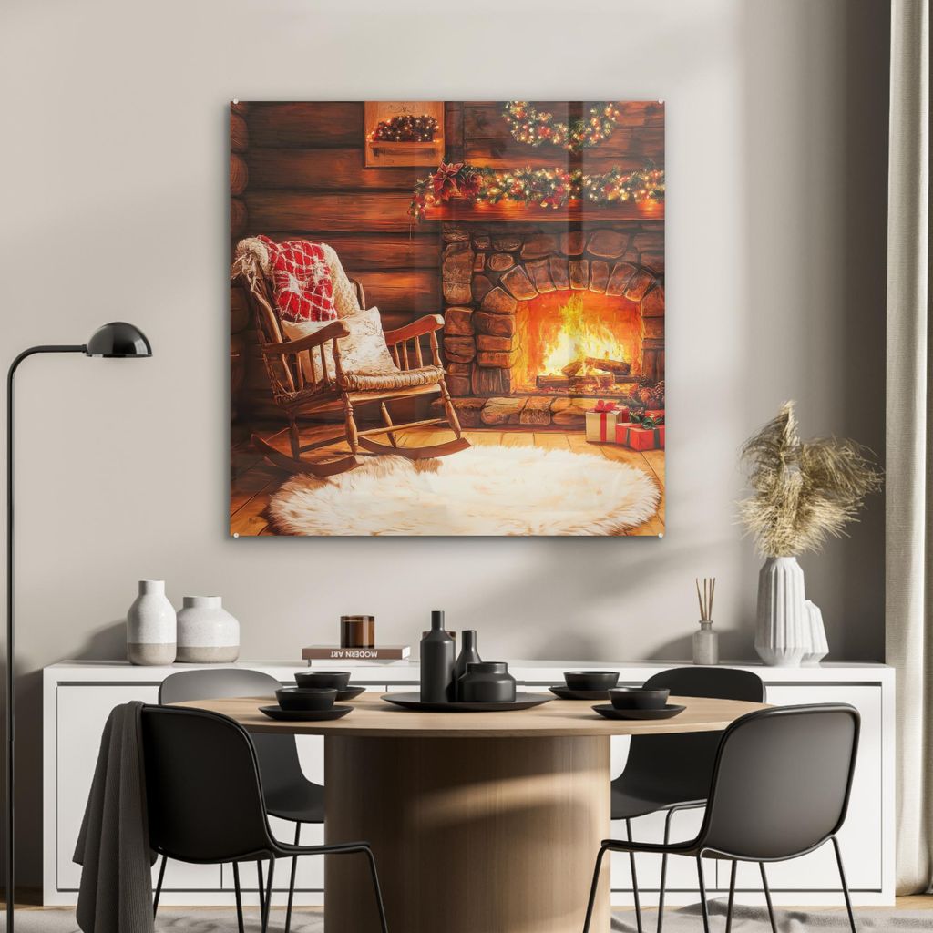 MuchoWow Glasbilder - Bilder auf Wandbild - Foto auf Glas Winter - Weihnachten - Zuhause - Kamin 90x90 cm Wanddekoration aus Glas - Acrylglasbild -...