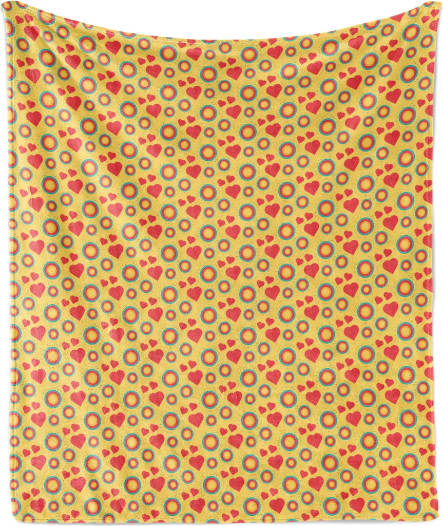 Coperta in morbido pile di flanella ABAKUHAUS Retro, illustrazione di Zier Cerchi e cuori intricati, 175 x 230 cm, senape scuro corallo