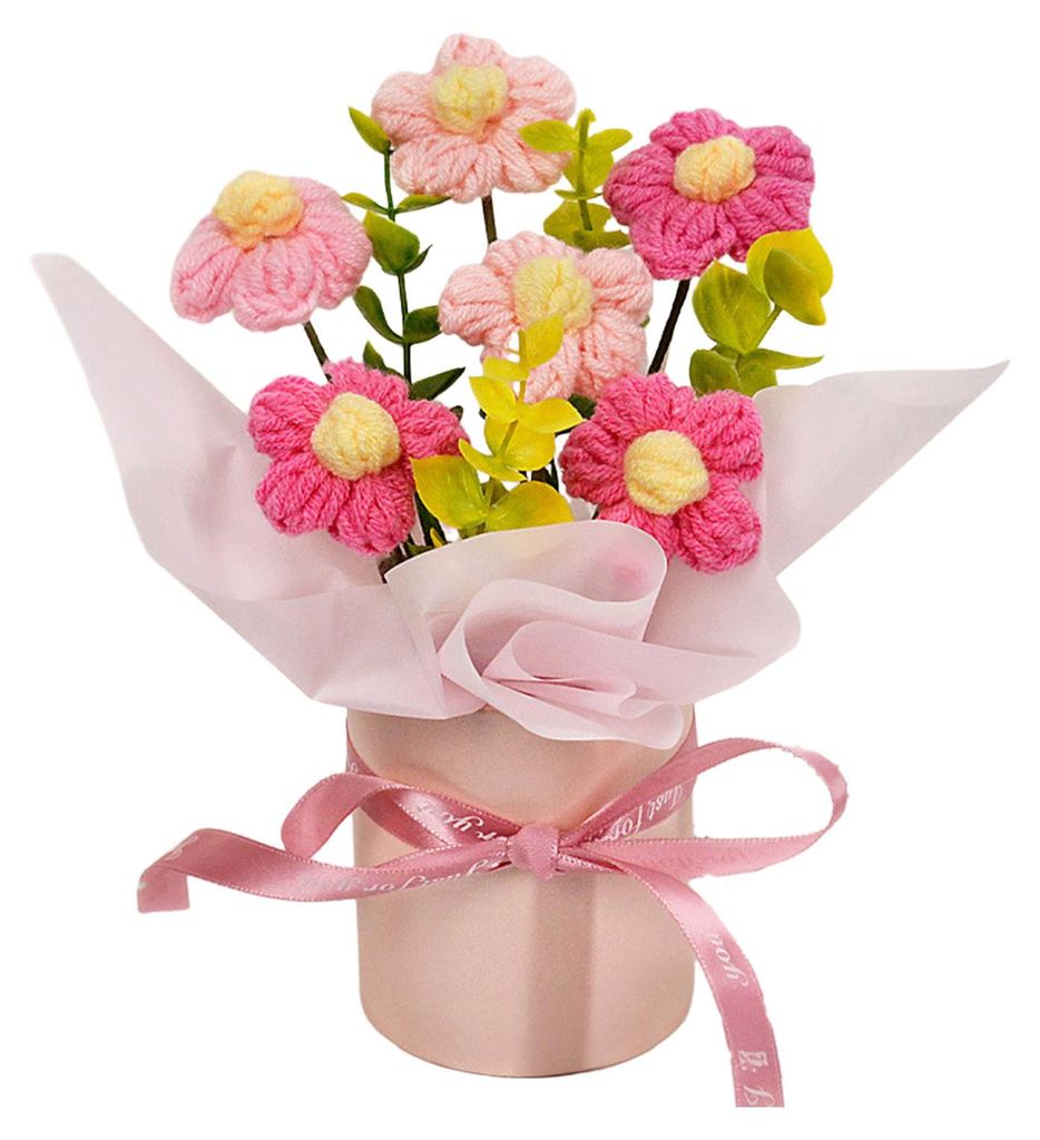 Handgehäkelter Blumenstrauß, handgefertigt, künstlich gestrickt, mit Sonnenblumen, Nelken, Tulpen und Pusteblumen – ein Geschenk für Mutter u...