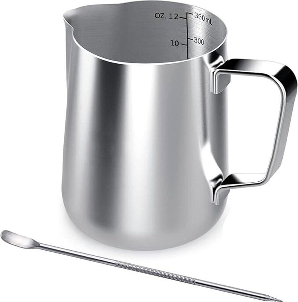 350ml Milchkännchen Edelstahl Handheld Aufschäumkännchen, Kaffee Creamer Milch Aufschäumer Kännchen Tasse mit Messung Mark und Latte Art Pen, ...