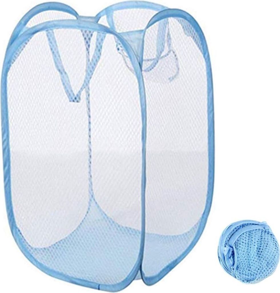 A blue pop-up laundry basket and a smaller, folded version of the same basket.
