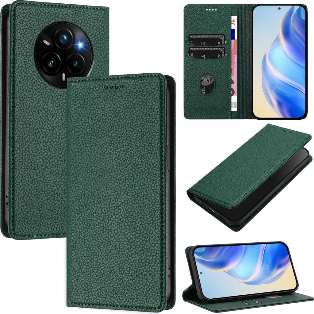 Litchi Leder Handyhülle für Realme 14 Pro+ Wallet Kartenfächer Standfunktion Hülle Grün