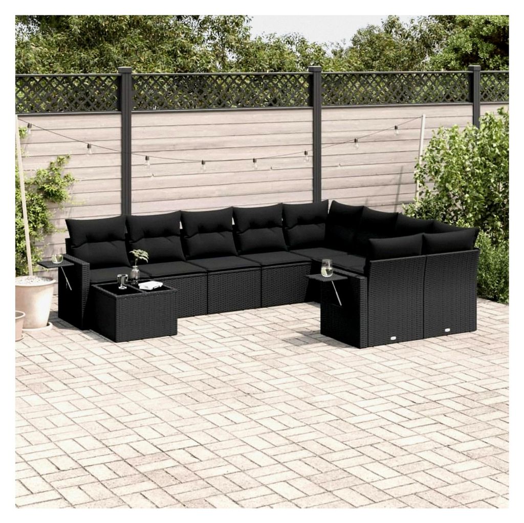 Gartenmöbel-Set, 10 Teile, mit Kissen aus Polyrattan, schwarz