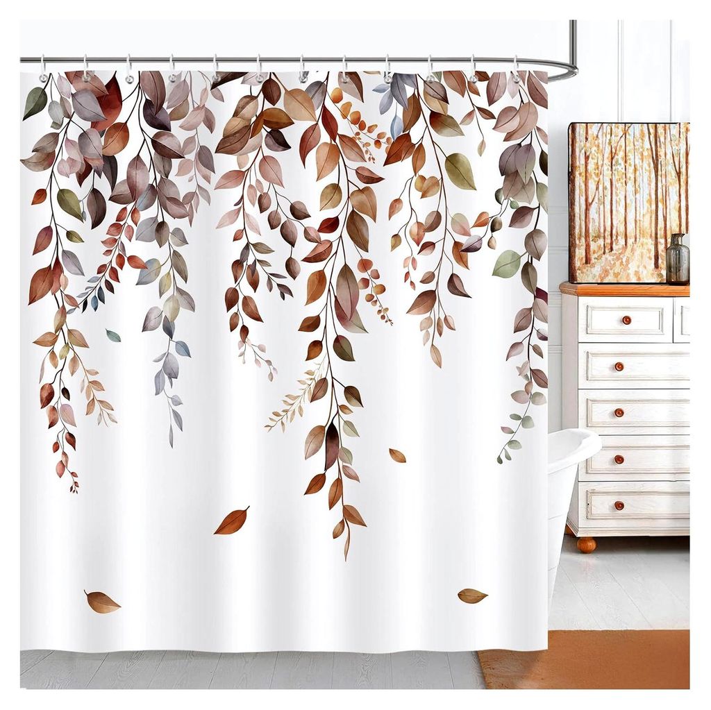 Duschvorhang 180 x 180 cm Blätter Aquarell, Boho Pflanzen, wasserdicht und schimmelresistent aus Polyester mit 12 Ringen