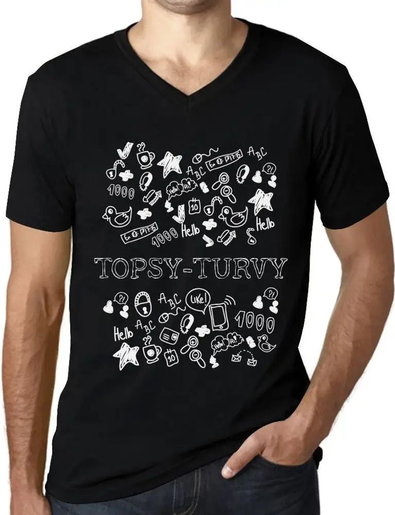 Herren Grafik T-Shirt V-Ausschnitt Doodle-Kunst auf den Kopf gestellt – Doodle Art Topsy-Turvy – Öko-Verantwortlich Vintage Jahrgang Kurzarm L...