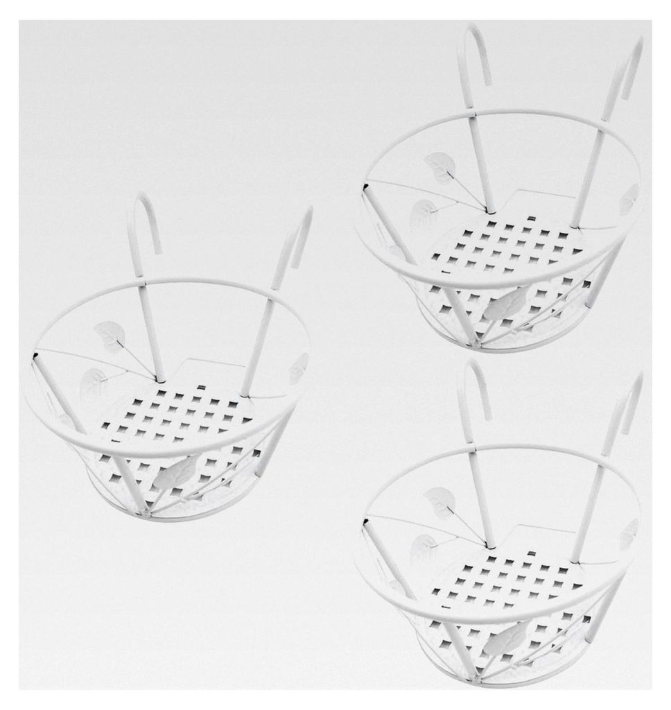 3er-Pack kleine runde Blumentopfhalter für hängende Geländer, Pflanzgefäße aus Eisen für Garten, Balkon und Veranda, weiße Pflanzenkörbe