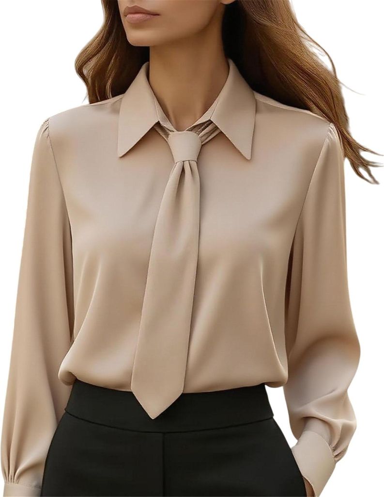 ASKSA Damen Bluse Krawatte Langarm Elegante Oberteile Buero Casual Hemdbluse Schlichtes Business Langarmshirt (Khaki,XL)