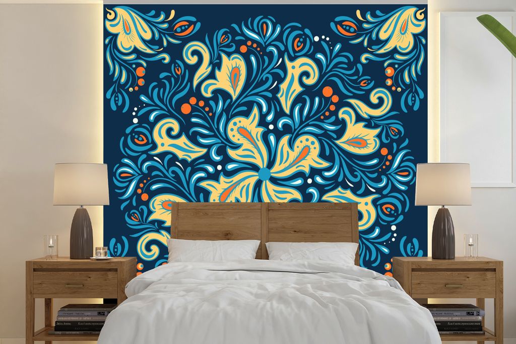 MuchoWow Fototapete für Wohnzimmer oder Schlafzimmer Wandtapete Vinyl Motivtapete Blütenblätter - Polka dots - Rund - Muster - 350x350 cm - Sc...