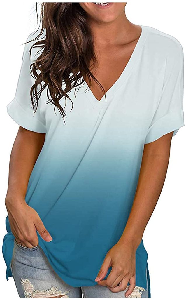 Damen V-Ausschnitt Bluse T-Shirt Langarm Tunika Lose Hemd Top Oberteil Übergröße 