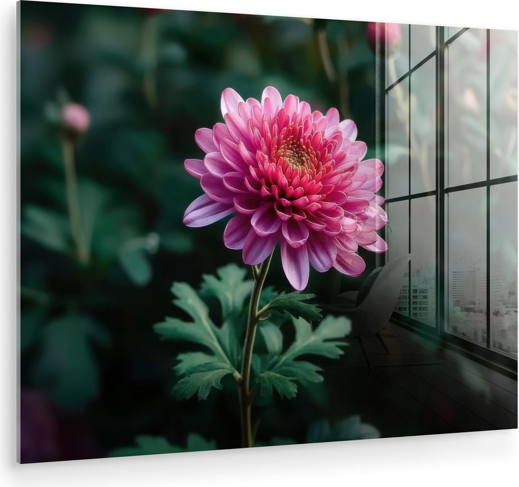 MuchoWow Glasbilder - Bilder auf Wandbild - Foto auf Glas Blatt - Chrysantheme - Rosa - Schatten 40x30 cm Wanddekoration aus Glas - Acrylglasbild -...