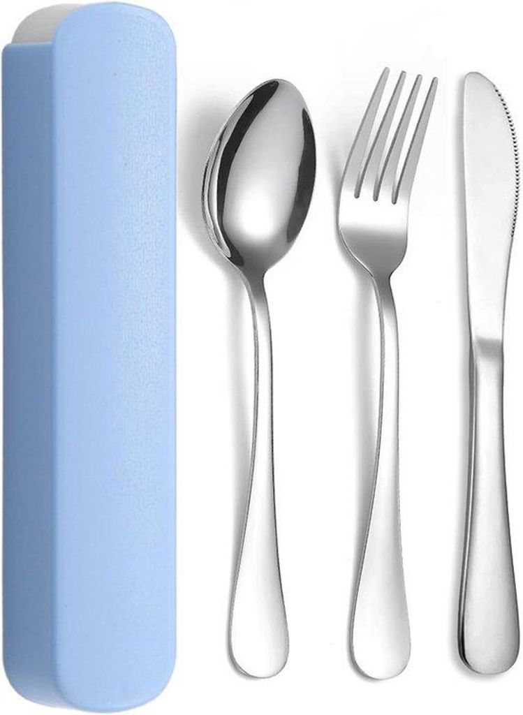 Drei-teiliges Stahlbesteck, Picknick-Set, blauw, wasserdicht, für Reisen, Schule, Büro