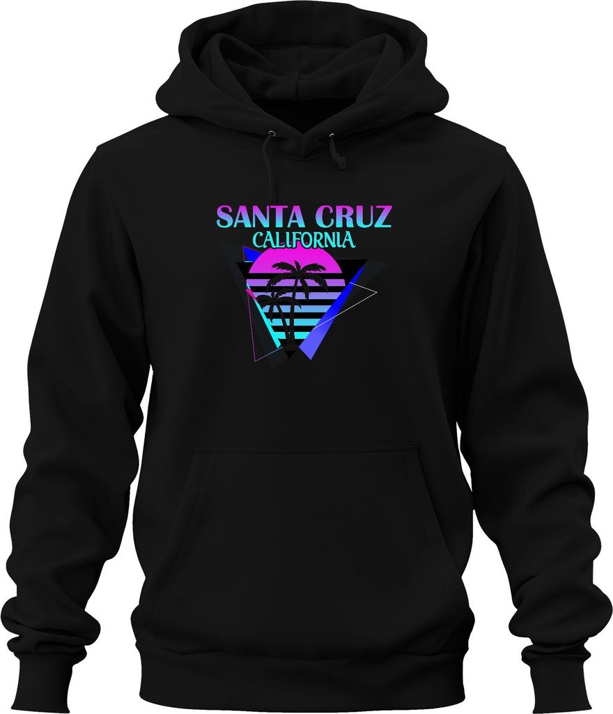 Santa Cruz California Palmen Sonne Vaporwave 80s Strand Surfen Uni Hoodie Kapuzenpullover, Schwarz, L