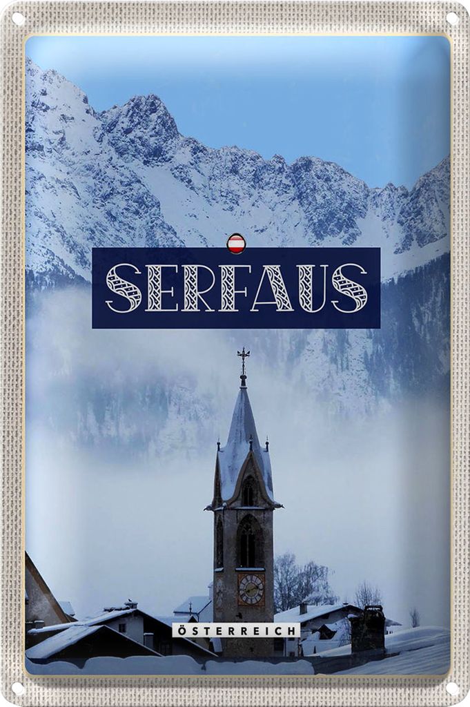 Blechschild Reise 20x30cm Serfhaus Schnee Berge Kirche Winter