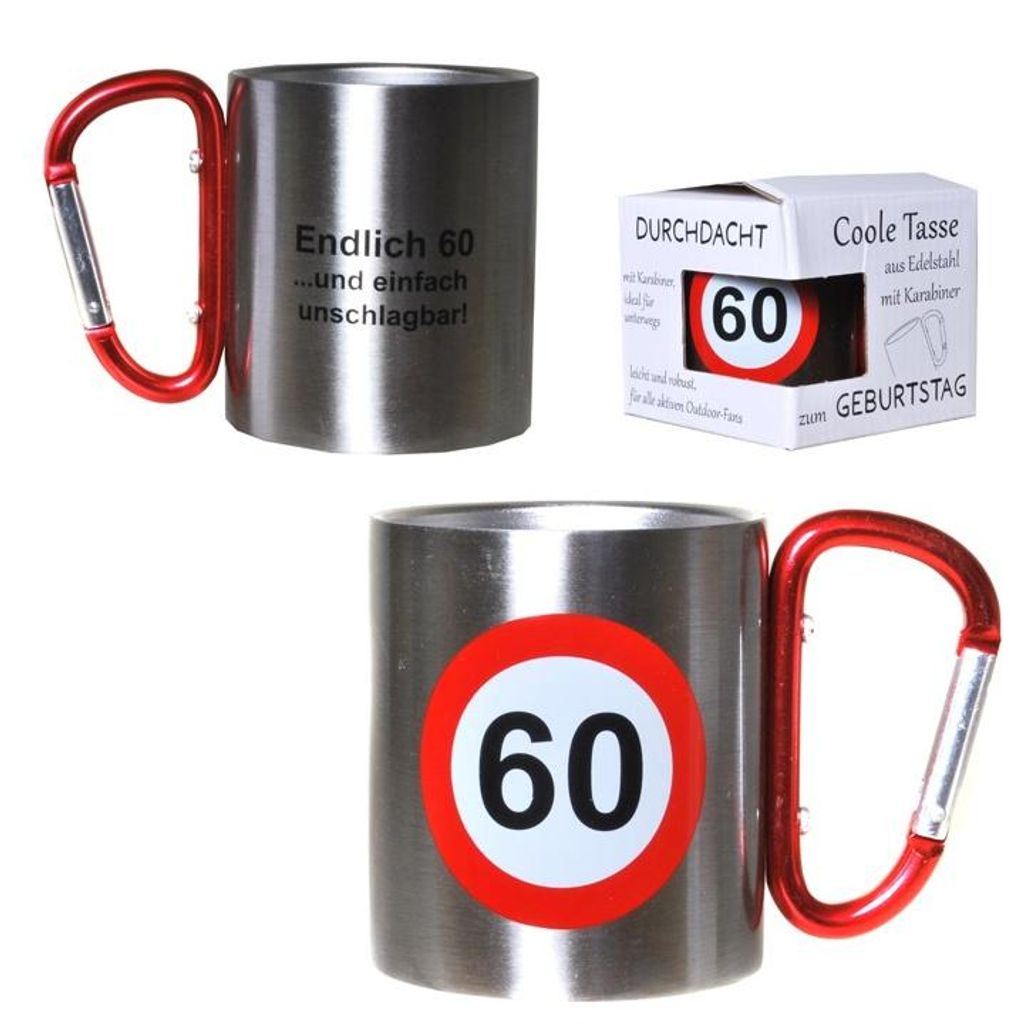 1 Becher , Tasse " 60 " mit Karabiner , Metall 60.Geburtstag Deko