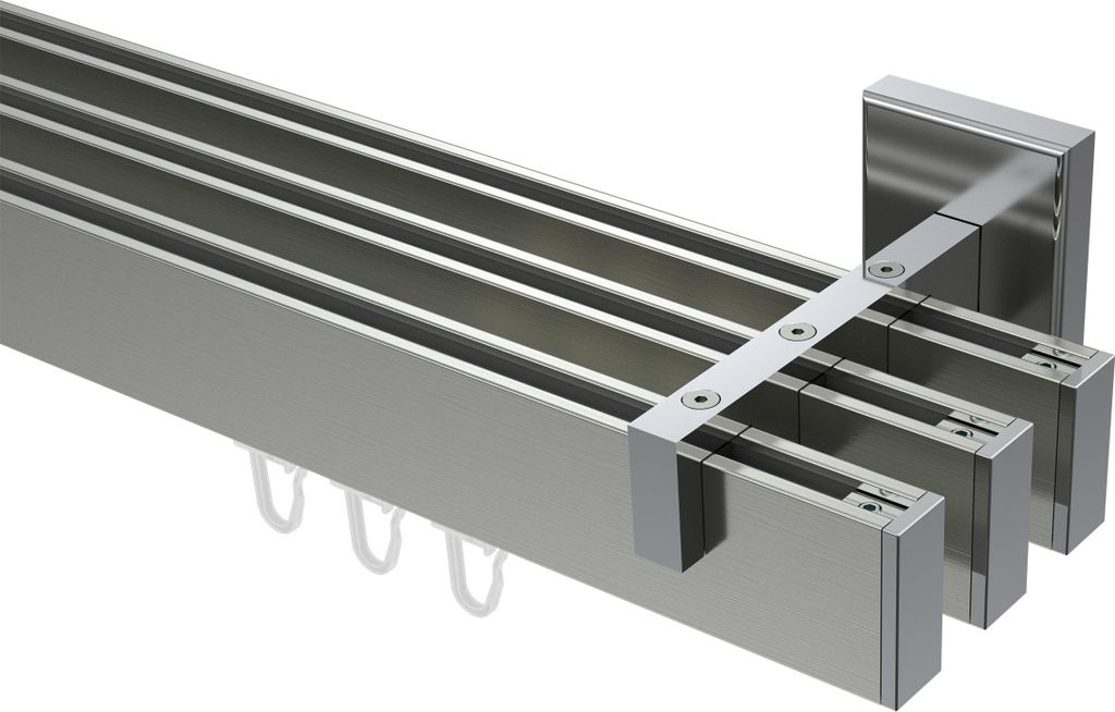 Interdeco Innenlaufstange / Gardinenstange mit Innenlauf Edelstahl-Optik / Chrom, Typ Smartline Paxo (Kappe), 14x35 mm 3-läufig, 200 cm