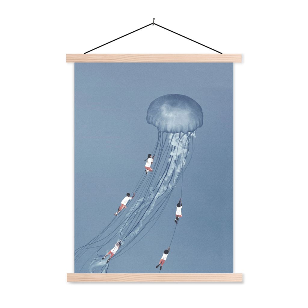 MuchoWow Textilposter Kinder - Quallen - Meerestiere - Vintage 60x80 cm mit holzfarbenen Rahmen - Wandbild