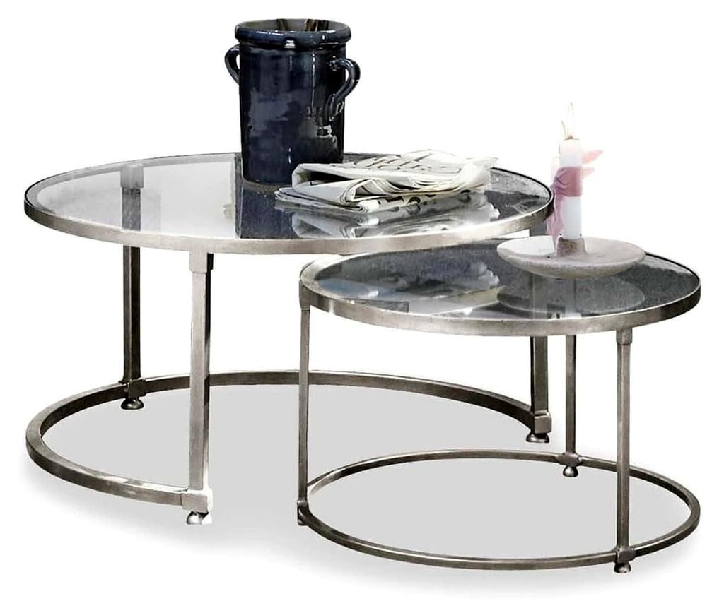 Couchtisch-Set Kabala, Zwei Größen, Ineinander Schiebbar, Wohnzimmertisch, Sofatisch, Aluminiumguss, Glas, Silber