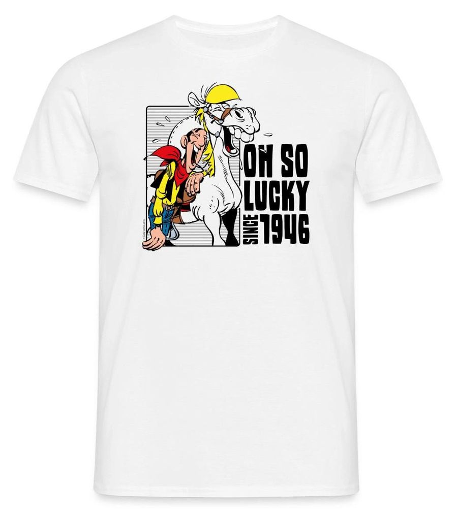 Spreadshirt Lucky Luke mit Jolly Jumper Oh so lucky Männer T-Shirt, L, Weiß