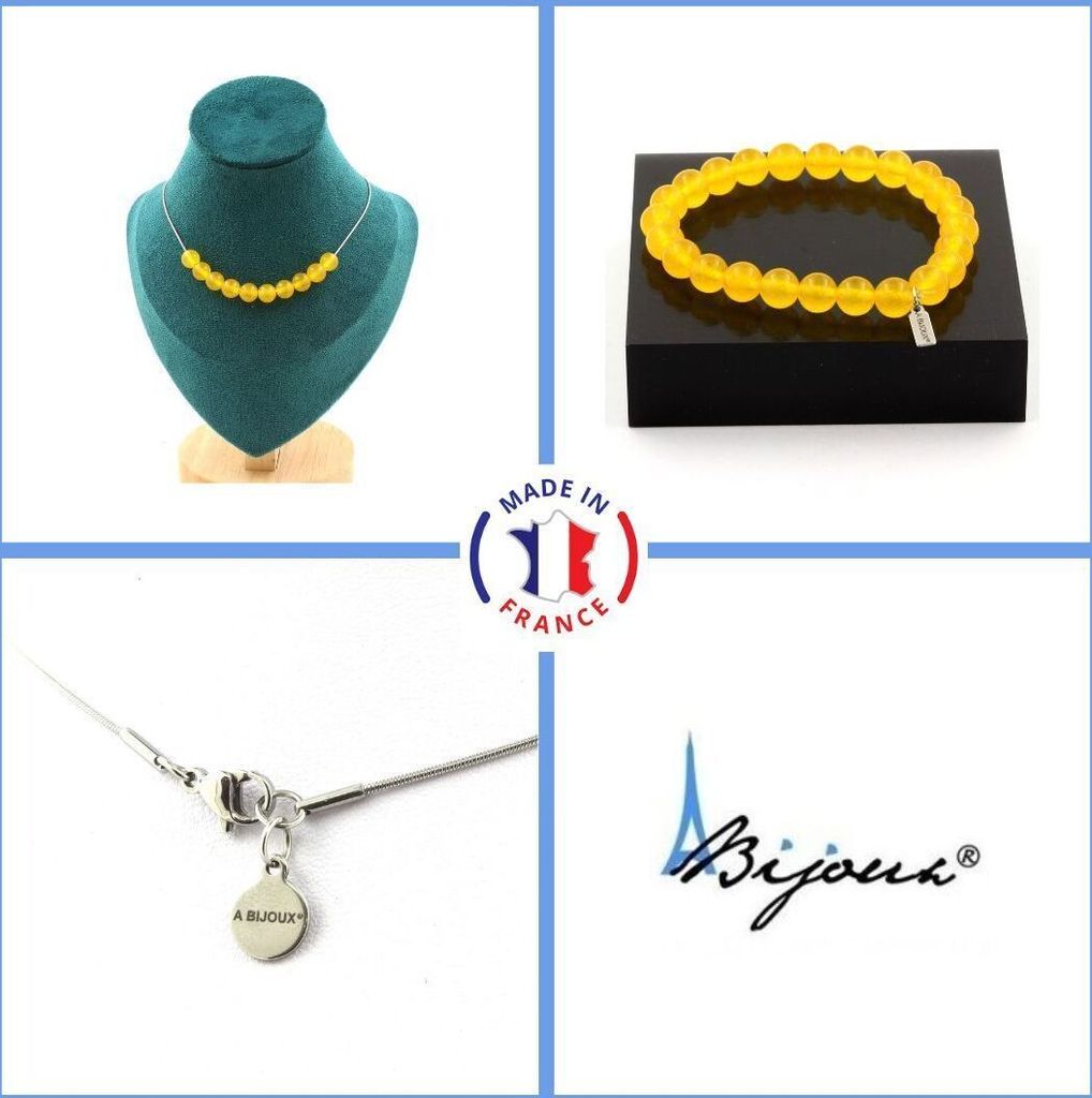 Armbandset Halskette 10 Perlen Gelber Achat 8 mm Edelstahlkette