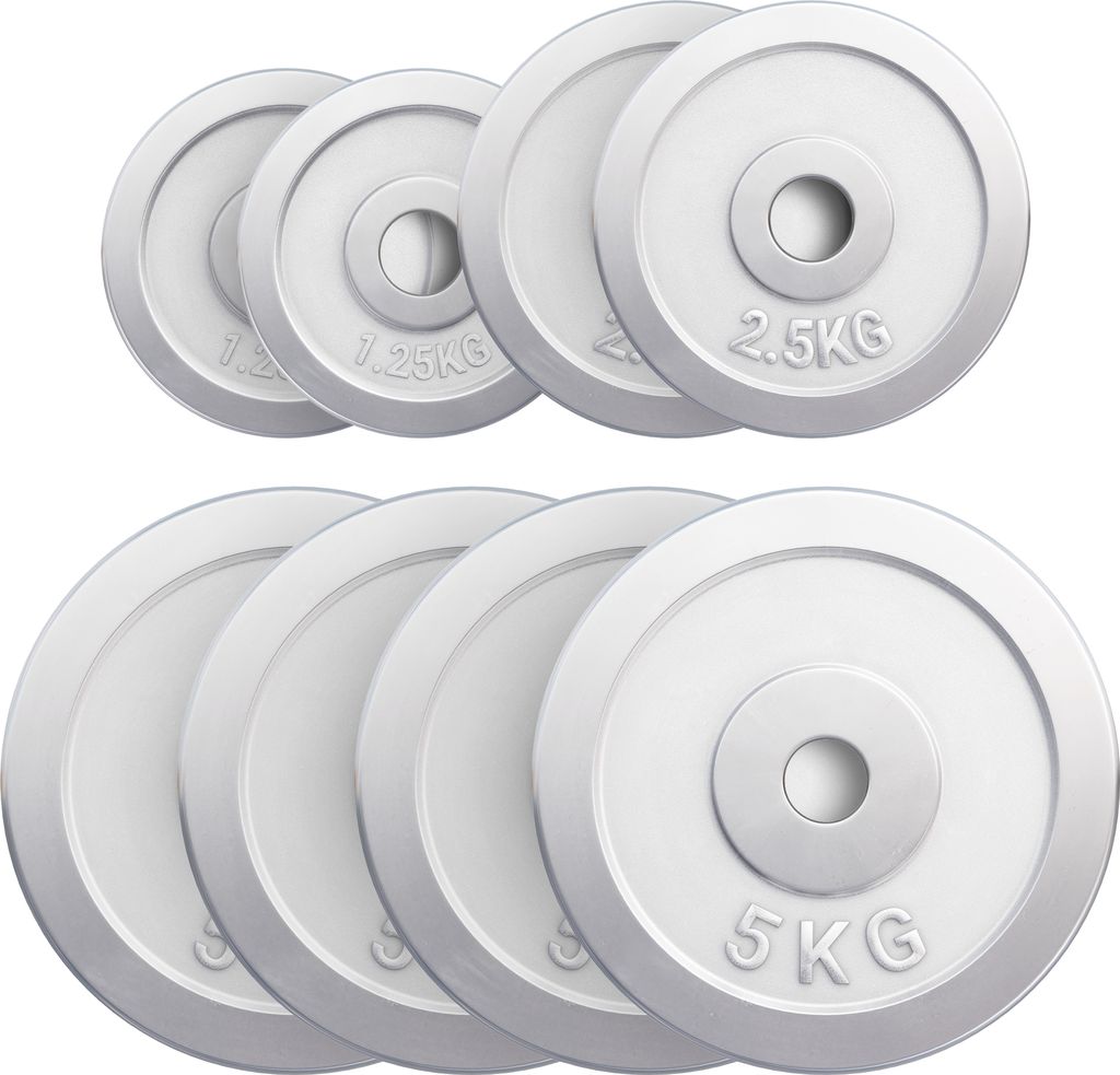GORILLA SPORTS Hantelscheiben - 27,5 kg Set, 2 x 1,25 kg, 2 x 2,5 kg, 4 x 5 kg Gewichte, 30/31mm Bohrung, aus Chrom - Gewichtsscheiben
