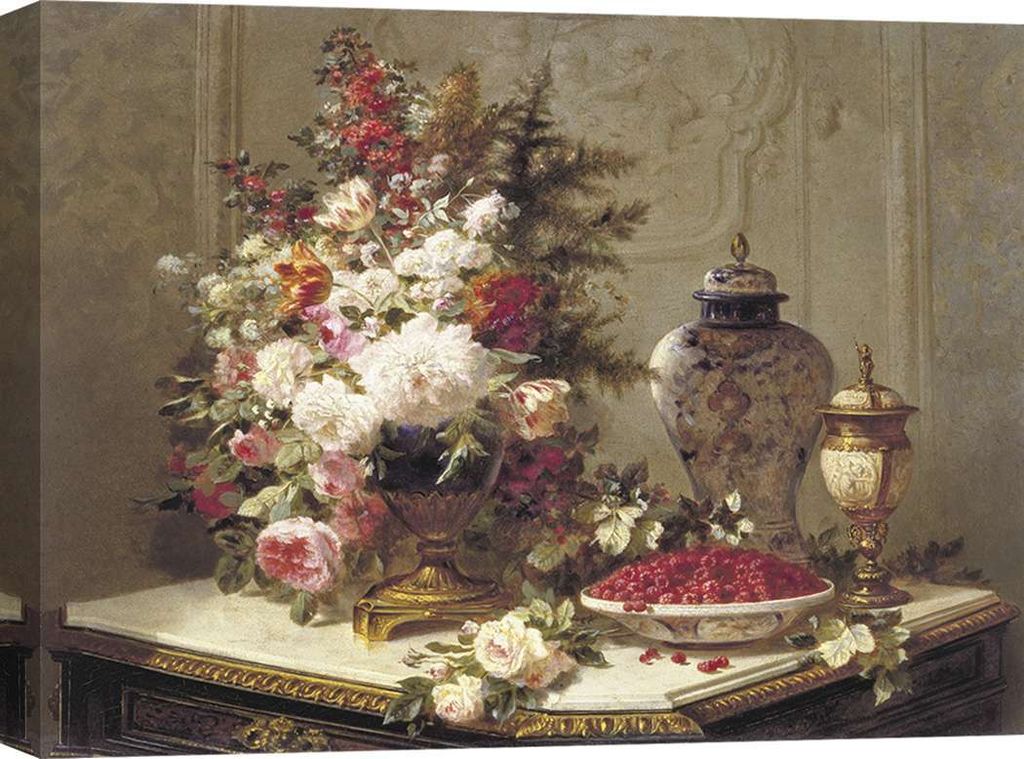 Leinwandbild, Stillleben – Jean-Baptiste Robie, Blumenarrangement auf einem Tisch – 60x40 cm