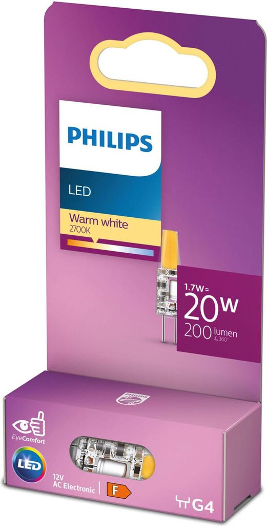 Philips LED Stiftsockellampe 1,7W = 20W G4 klar 12V 200lm warmweiß 2700K