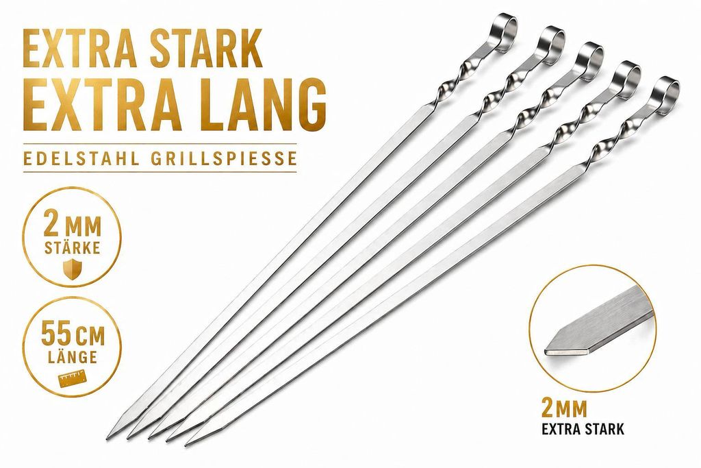 20 Stk. Schaschlikspieße Edelstahl 55 cm – 2 mm Extra Stark Produktbild 