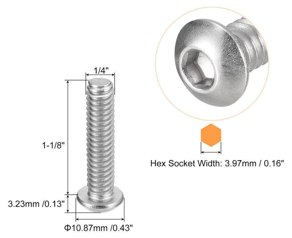 1/4-20x1-1/8" Linsenkopfschrauben Innensechskant 20 Stš¹ck 304 Edelstahl Verschlš¹sse Sechskant Bolzen Schrauben Voll Gewinde Sechskant Antrieb...