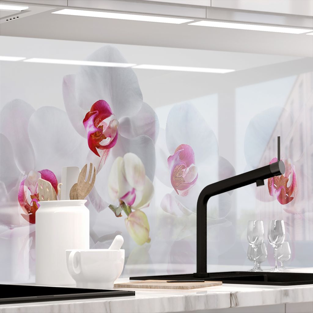 Küchenrückwand selbstklebend Glasoptik - ORCHIDEEN ENSEMBLE - 1.8mm, versteift, alle Untergründe, Hart PET Material, PREMIUM 60 x 280cm