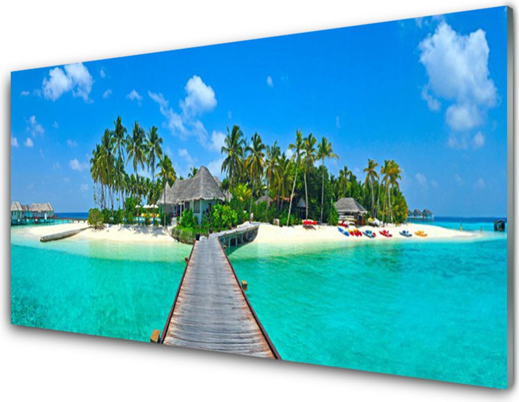 Küchenrückwand aus Glas 100x50cm Spritzschutz Strand Palmen Brücke Meer