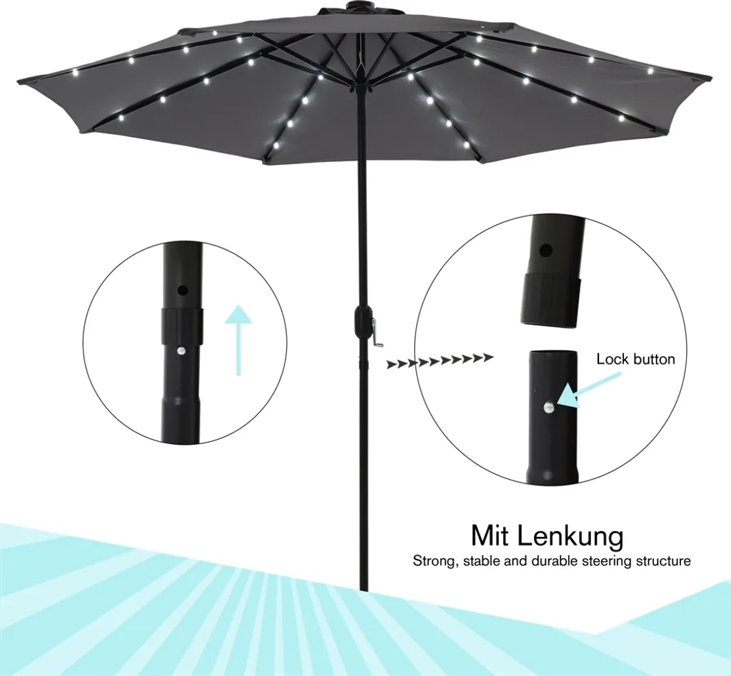 Mucola Parasol de jardin 3m Gris avec LED Pivotant 360° Terrasse