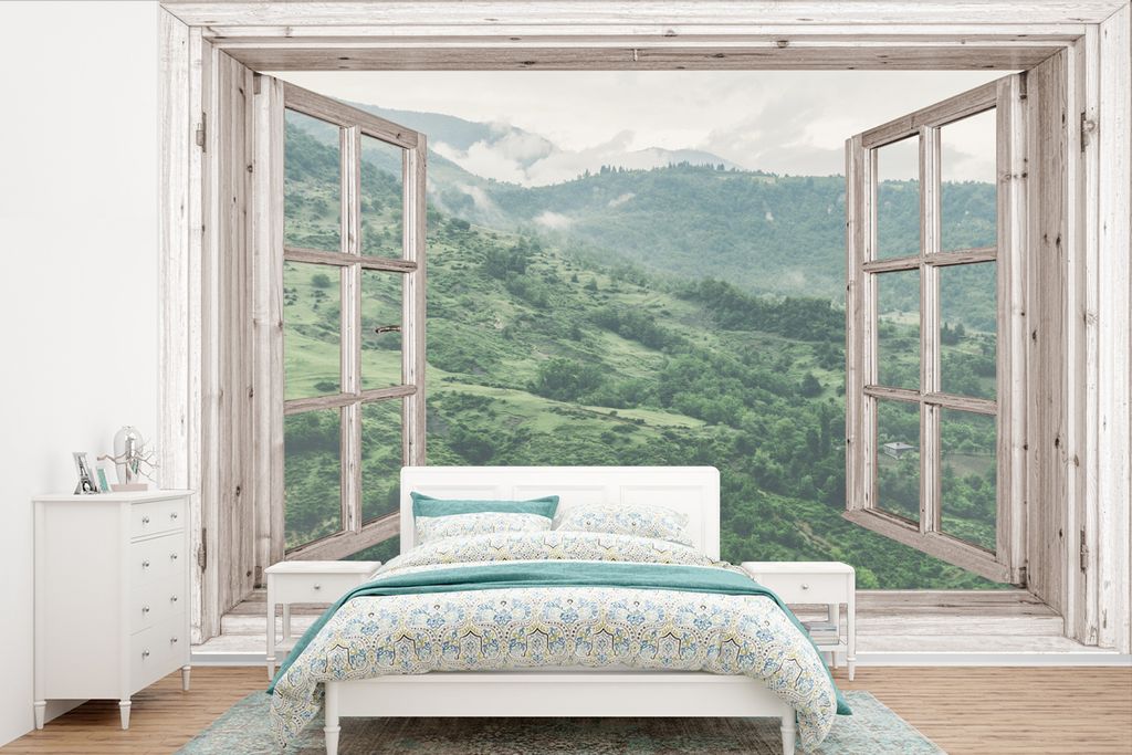 MuchoWow Fototapete für Wohnzimmer oder Schlafzimmer Wandtapete Vinyl Motivtapete Aussicht - Berg - Holz - 390x260 cm - Papiertapete
