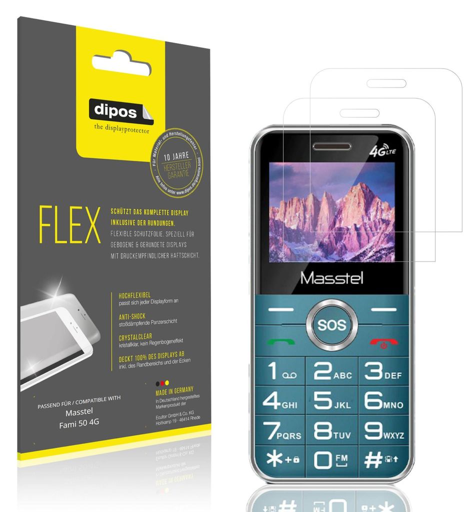 2x Schutzfolie für Masstel Fami 50 4G Folie, 100% Displayabdeckung, dipos Flex