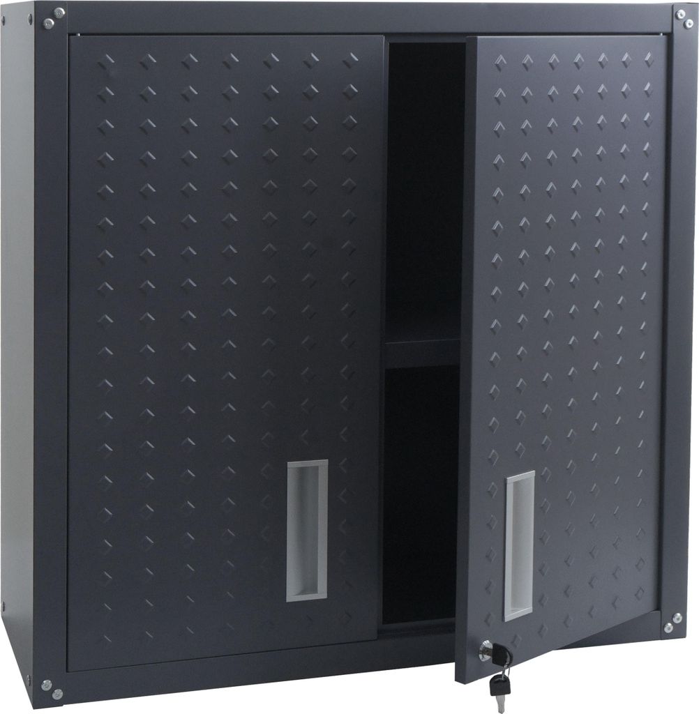 A dark gray metal cabinet with two sliding doors, one of which is slightly ajar, revealing a shelf inside. The cabinet has a textured diamond pattern on its doors and silver handles.