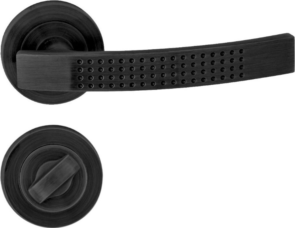 A black door handle set, including a lever handle and a privacy lock knob, is displayed against a white background.