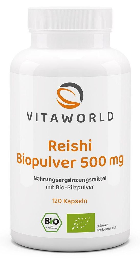 Vitaworld Reishi Biopulver 500 mg | 120 Kapseln | Reishi-Pulver| 500 mg Pulver pro Kapsel | vegan