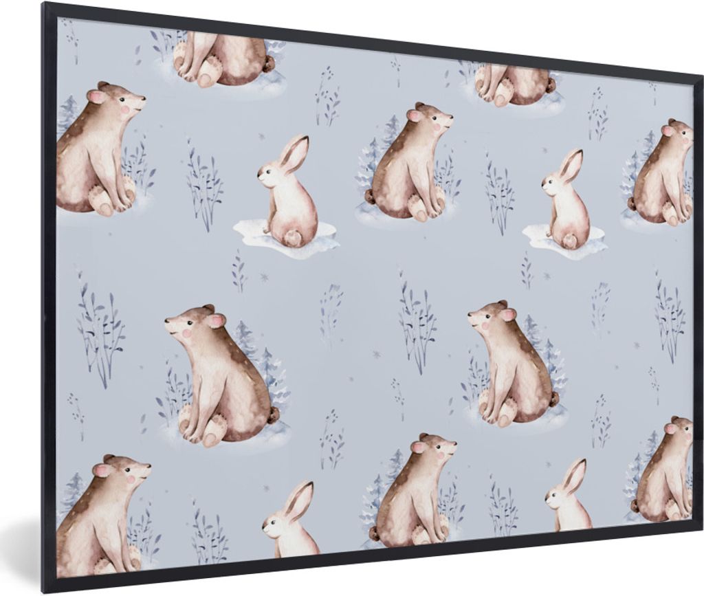 MuchoWow Gerahmtes Poster Winter - Muster - Hase - Bär 30x20 cm - Poster mit Schwarzem Bilderrahmen Wandposter Rahmen Foto Bilder - Kunstdruck -...