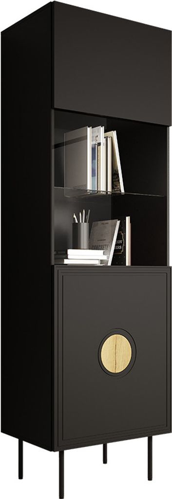 MIRJAN24 Vitrine Palazzo, Standvitrine mit Drehtür, Gehärtetes Glas, Metallfüße, Push to open (Farbe: Schwarz Matt / Schwarz Matt + Eiche Craft)