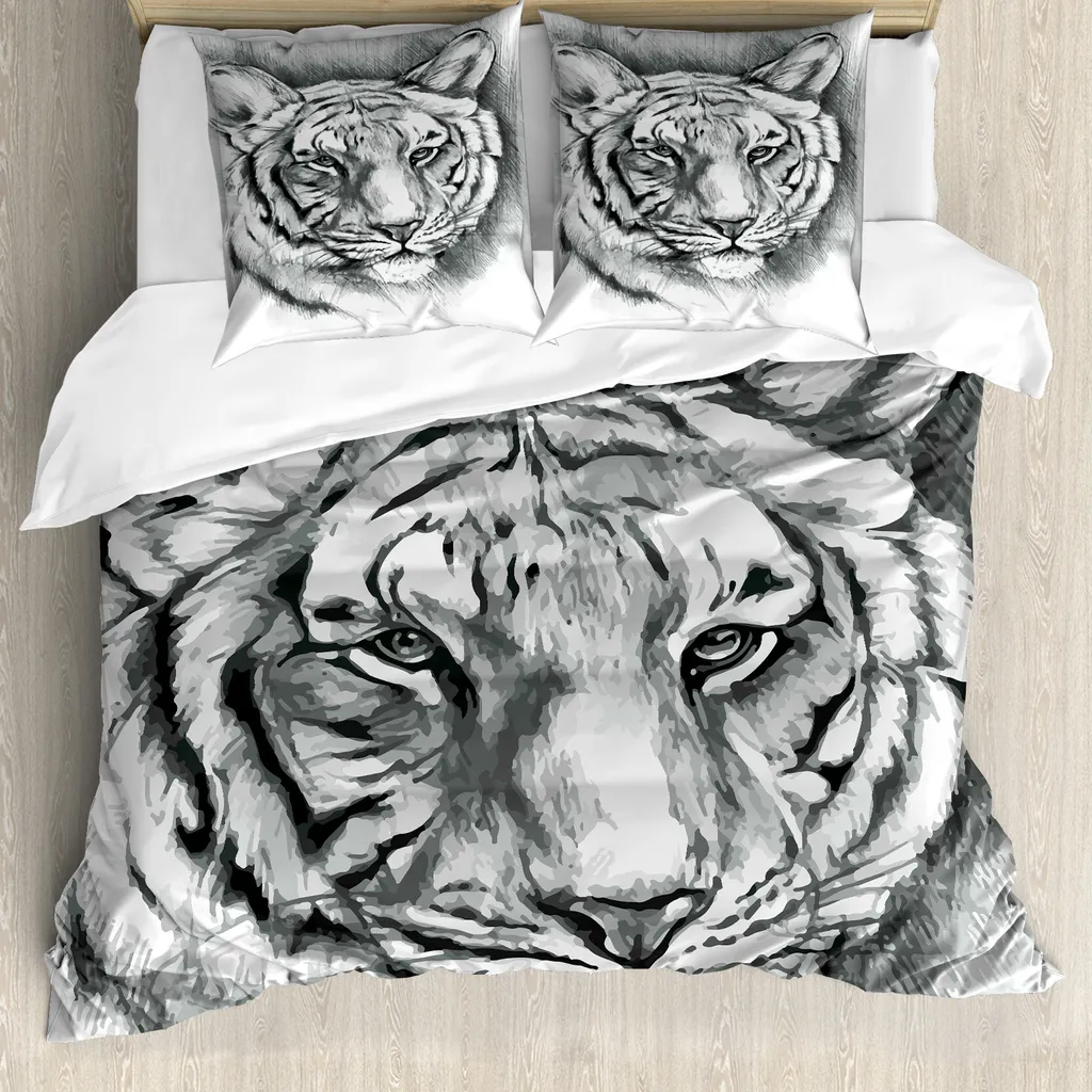 ABAKUHAUS Copripiumino Skizzenhaft, grigio Lion Head, antiacaro, adatto a chi soffre di allergie, con federe, 155 cm x 220 cm - 80 x 80 cm, grigio chiaro bianco