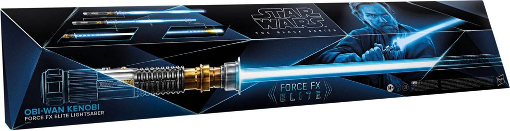 The image shows the packaging for a Star Wars Obi-Wan Kenobi Force FX Elite Lightsaber. The packaging features a graphic of the lightsaber, an illustration of Obi-Wan Kenobi, and the Star Wars logo.