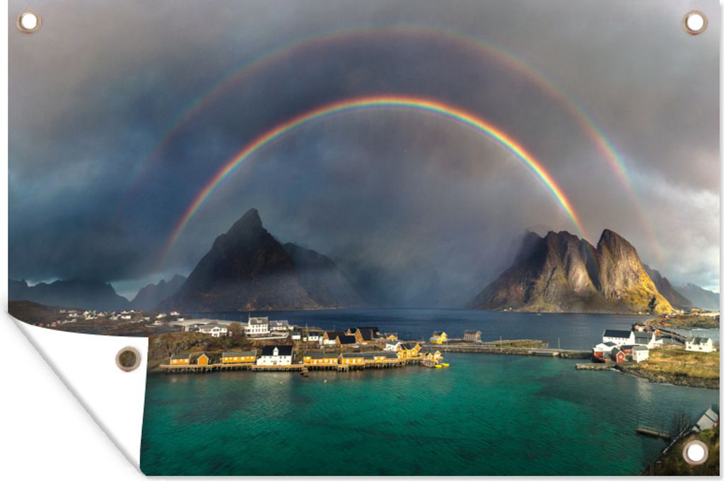 MuchoWow 120x80 cm Outdoor-Poster Gartendeko Sichtschutz Garten Poster für den Garten Doppelter Regenbogen über der norwegischen Küste