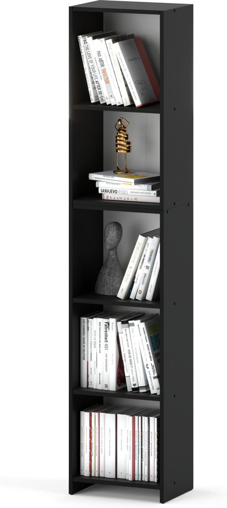 MRBLS Bücherregal Schwarz 40x189x30 cm – Standregal mit 5 Fächern für Bücher, Deko & Ordner – Modernes Holzregal für Wohnzimmer, Büro & S...