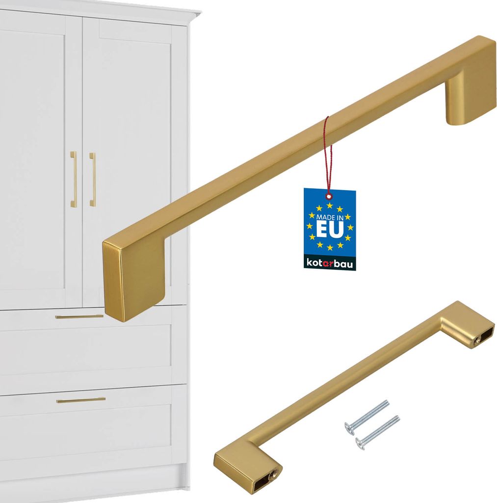 Two gold cabinet handles are shown, one large and one smaller, against a white background. A white cabinet with gold handles is partially visible on the left. A tag with EU and "kotarbau" logo is attached to the larger handle.