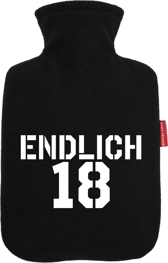 Huuraa Wärmflasche Endlich 18 Schriftzug 1,8 Liter Black Classic Veloursbezug Bettflasche Geschenkidee