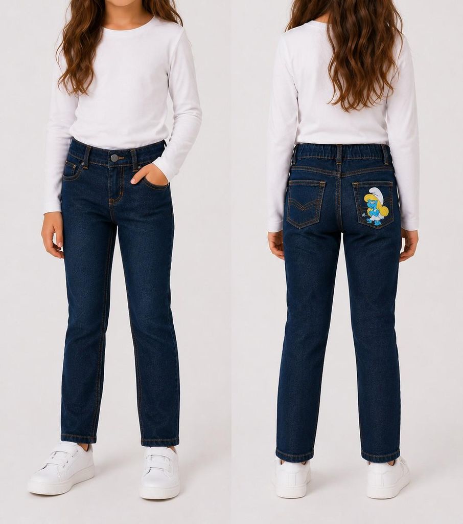 84206 Disney Schlümpfe Jeans Mädchen Blau Gr. 128 – Bequeme Kinderjeans mit gestricktem Schlümpfe-Motiv hinten