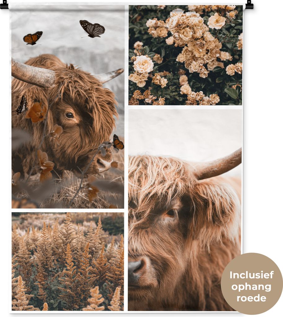MuchoWow Wandteppich Wandbehang Schottisches Hochlandrind - Schmetterling - Blumen 90x120 cm Tapisserie Dekoration Wandtuch - Wanddeko