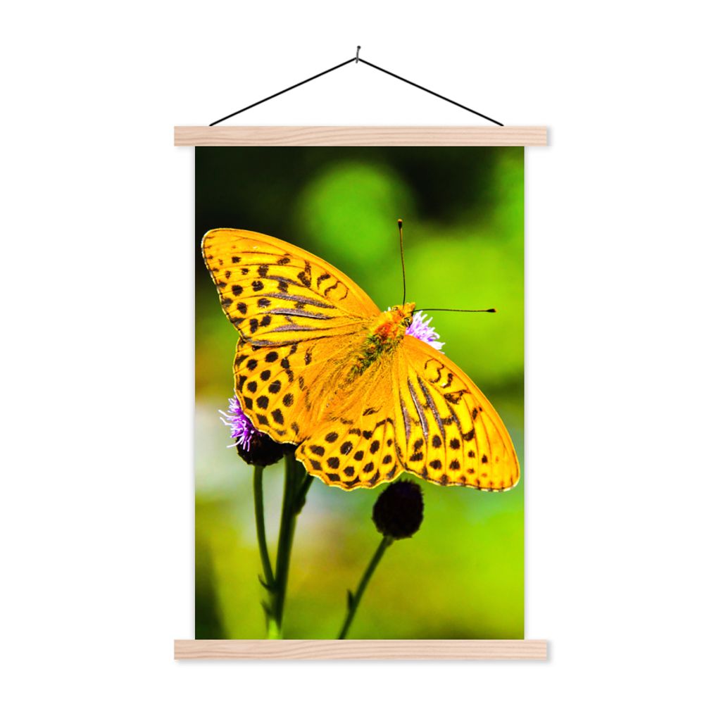 MuchoWow Textilposter Schmetterling - Tiger - Blume 120x180 cm mit holzfarbenen Rahmen - Textil-Plakat