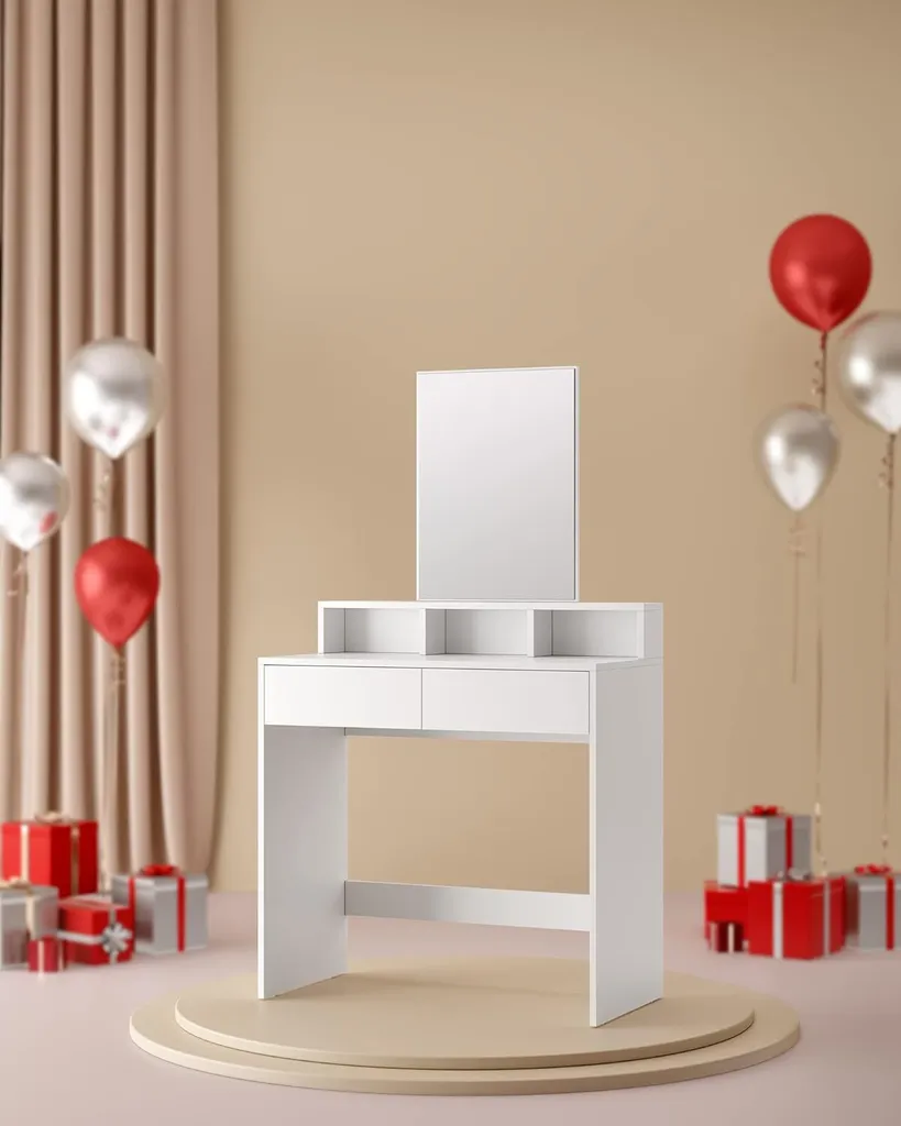 Coiffeuse avec Miroir Rectangulaire et 2 Tiroirs de Rangement, Design