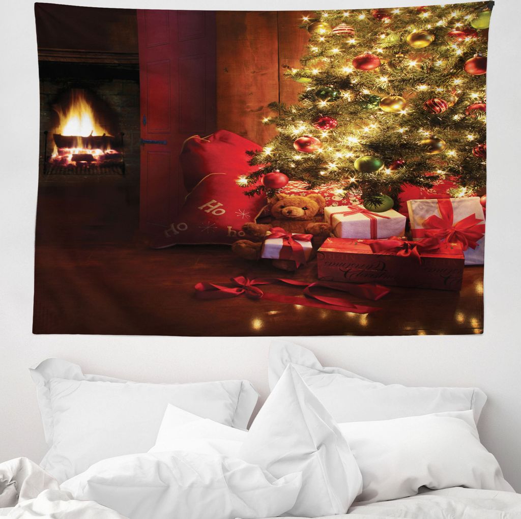 ABAKUHAUS Weihnachten Wandteppich, Neujahr Weihnachtsbaum aus Weiches Mikrofaser Stoff Waschbar ohne Verblassen Digitaldruck, 150 x 110 cm, Gelb Rot